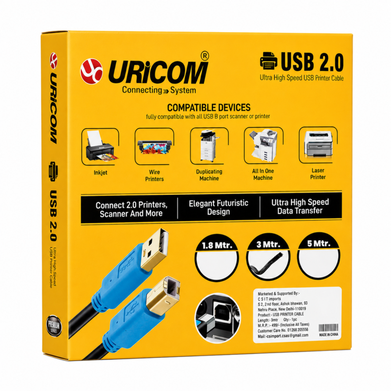URICOMI USB 2.0 Printer Cable 3 Meter