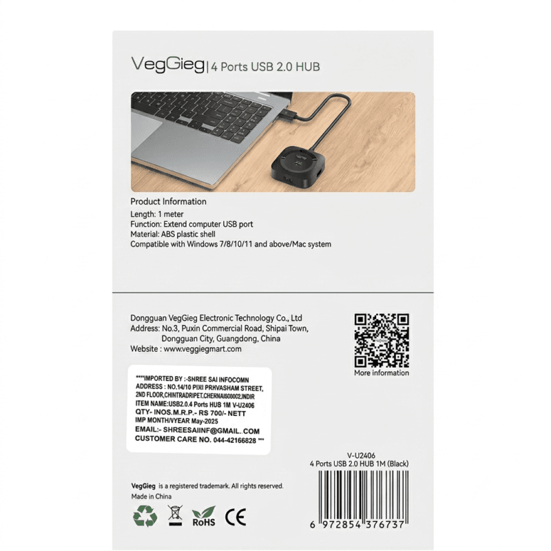 VegGieg 4 Port USB 2.0 Hub – USB Type-A High-Speed Hub