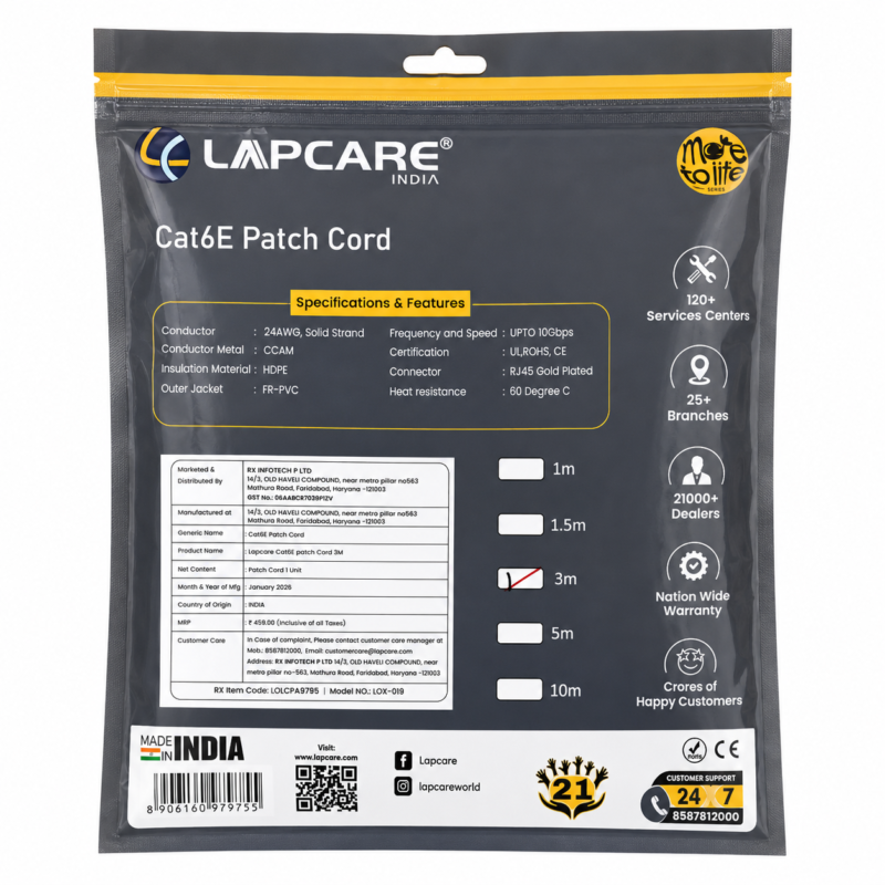 PatchCoard Lapcare India Cat6E High-Speed Ethernet Patch Cord