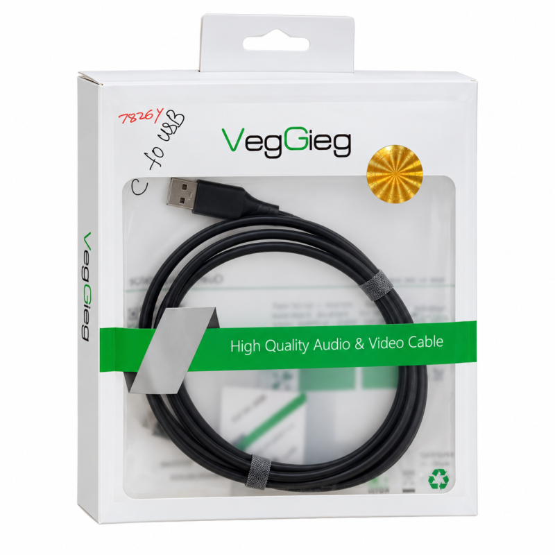 VegGieg USB to Type-C Cable black cable in retail packaging VegGieg USB to Type-C Cable