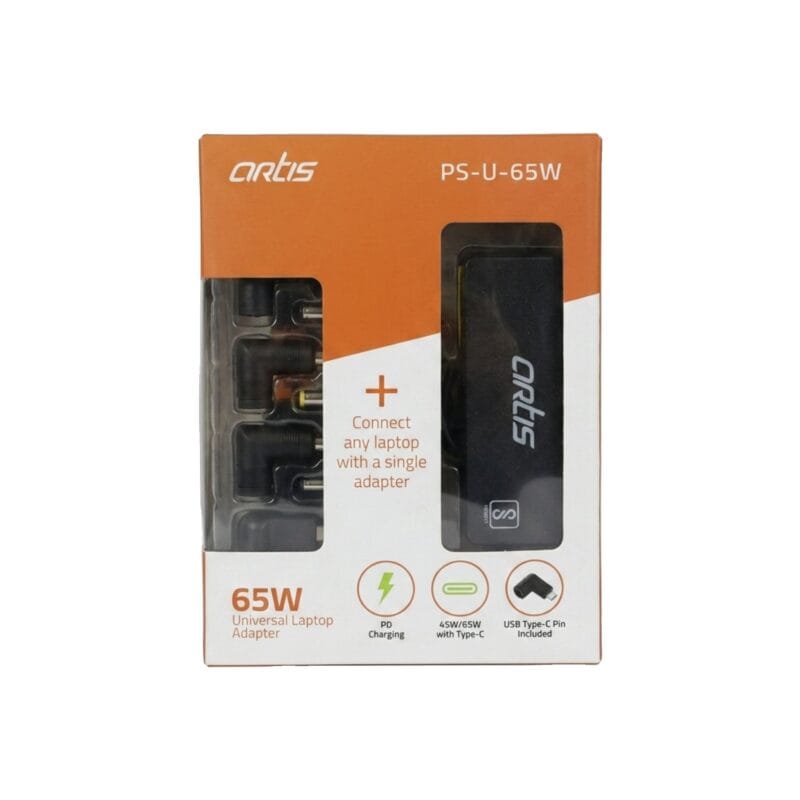 2026/07/wp-1785295499227.jpg Artis PS-U-65W Universal Laptop Adapter Charger – Fast Charging with USB Type-C Pin and Multi-Brand DC Tips