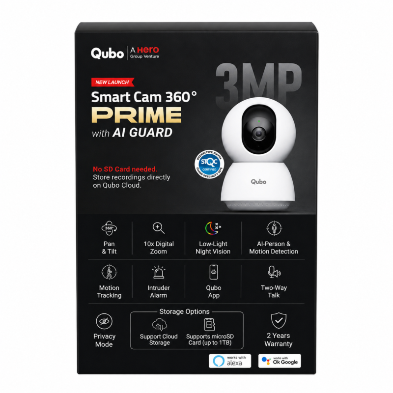 ChatGPT Image Aug 9, 2026, 11_20_17 PM Qubo Smart Cam 360° Prime 3MP 2K Wi-Fi CCTV Security Camera with AI Guard