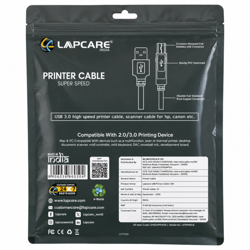 Lapcare Printer Cable1 Lapcare USB Printer Cable 1.5M