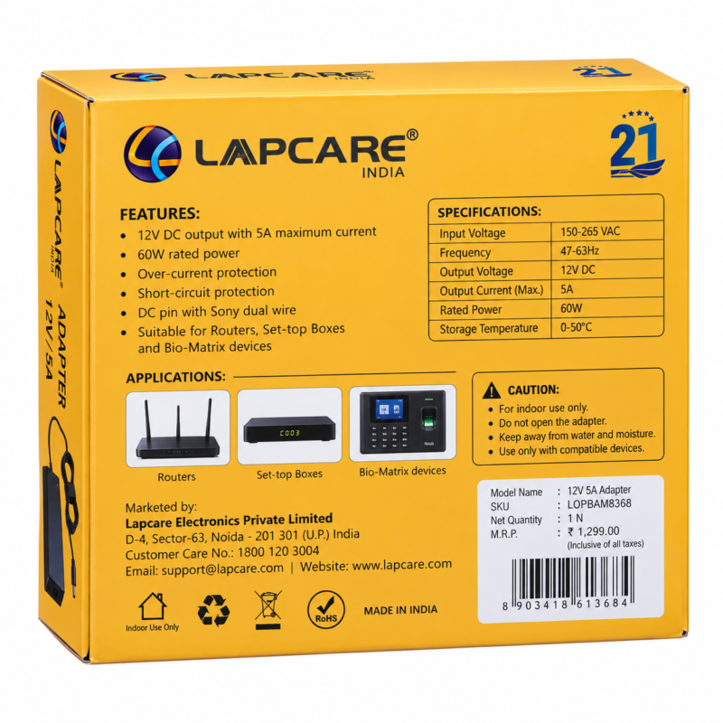 Lapcare 12V 5A DC power adapter Lapcare 12V 5A DC Power Adapter 60W