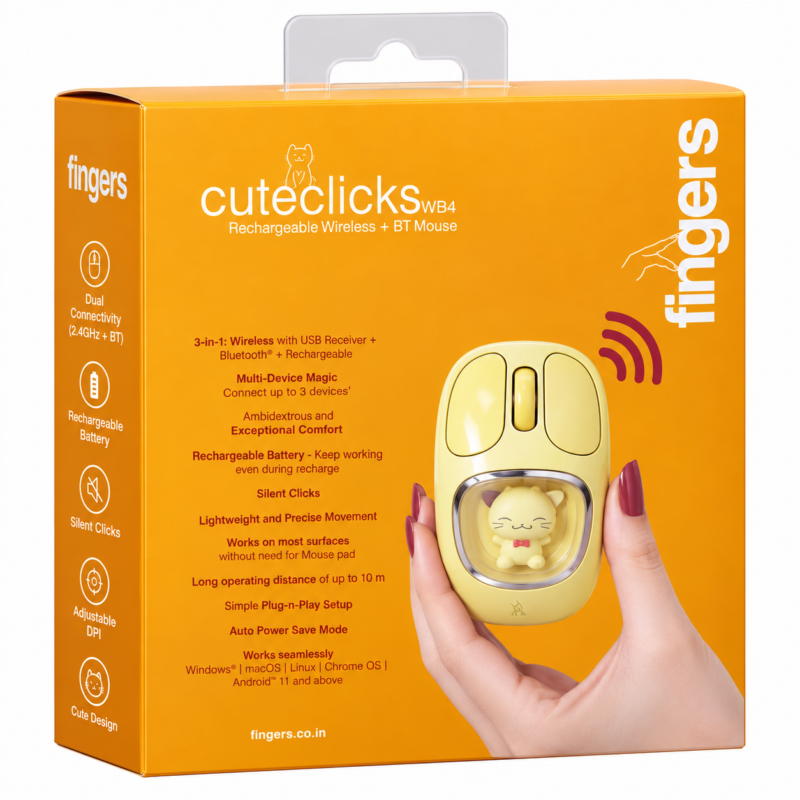 FINGERS CuteClicks WB4 Sunshine Yellow Rechargeable Wireless + Bluetooth Mouse (2) FINGERS CuteClicks WB4 Sunshine Yellow Rechargeable Wireless + Bluetooth Mouse