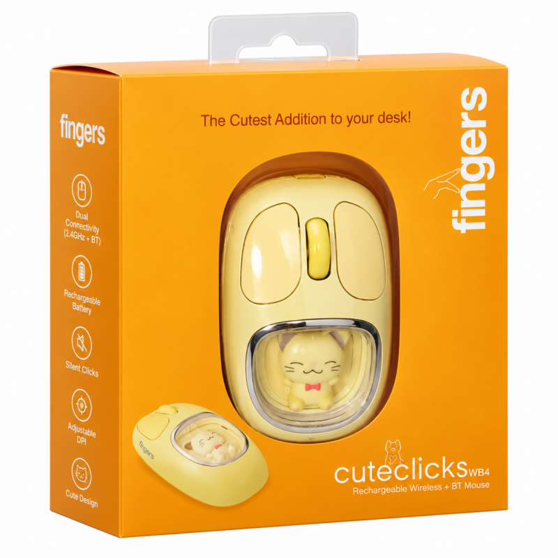 FINGERS CuteClicks WB4 Sunshine Yellow Rechargeable Wireless + Bluetooth Mouse FINGERS CuteClicks WB4 Mouse Sunshine Yellow Rechargeable Wireless Bluetooth Mouse
