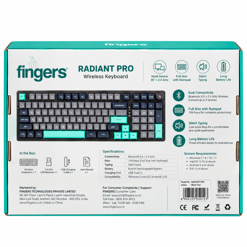 FINGERS Radiant Pro Wireless Keyboard Black Teal with Numpad (2) FINGERS Radiant Pro Wireless Keyboard – Black Teal Gaming