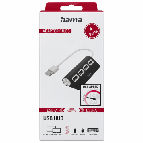 Hama 4-Port USB Hub Packaging (1) Hama USB Hub 00200119 black 4-port USB 2.0 hub retail packaging