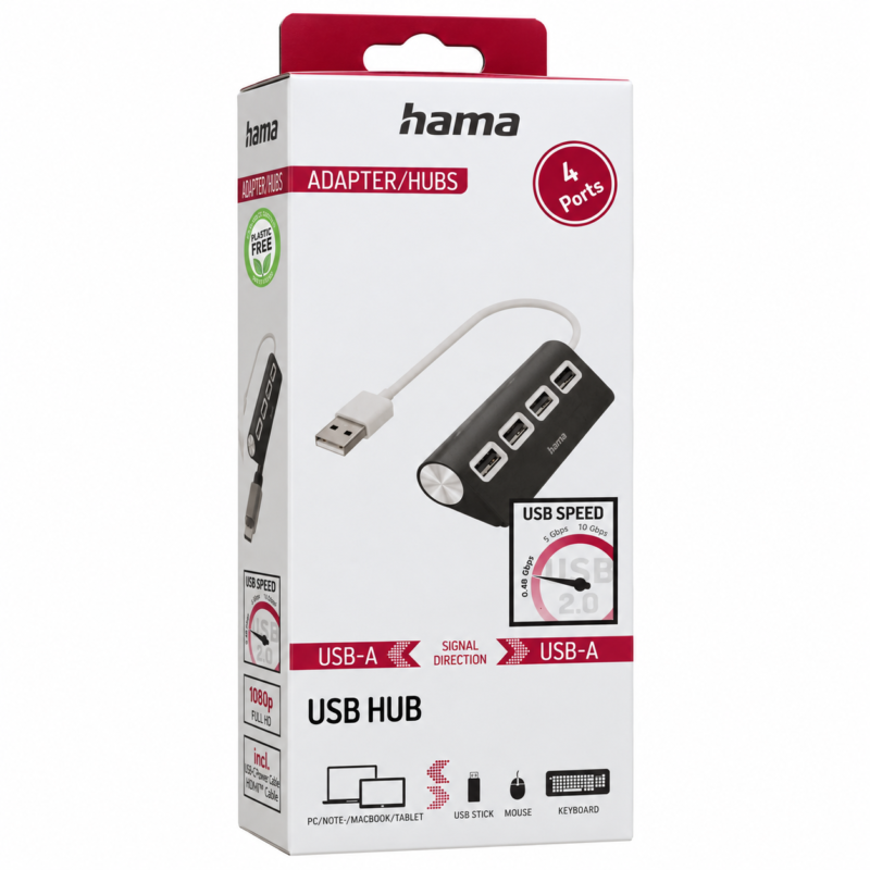 Hama USB Hub 00200119 black 4-port USB 2.0 hub with 480 Mbps transfer speed