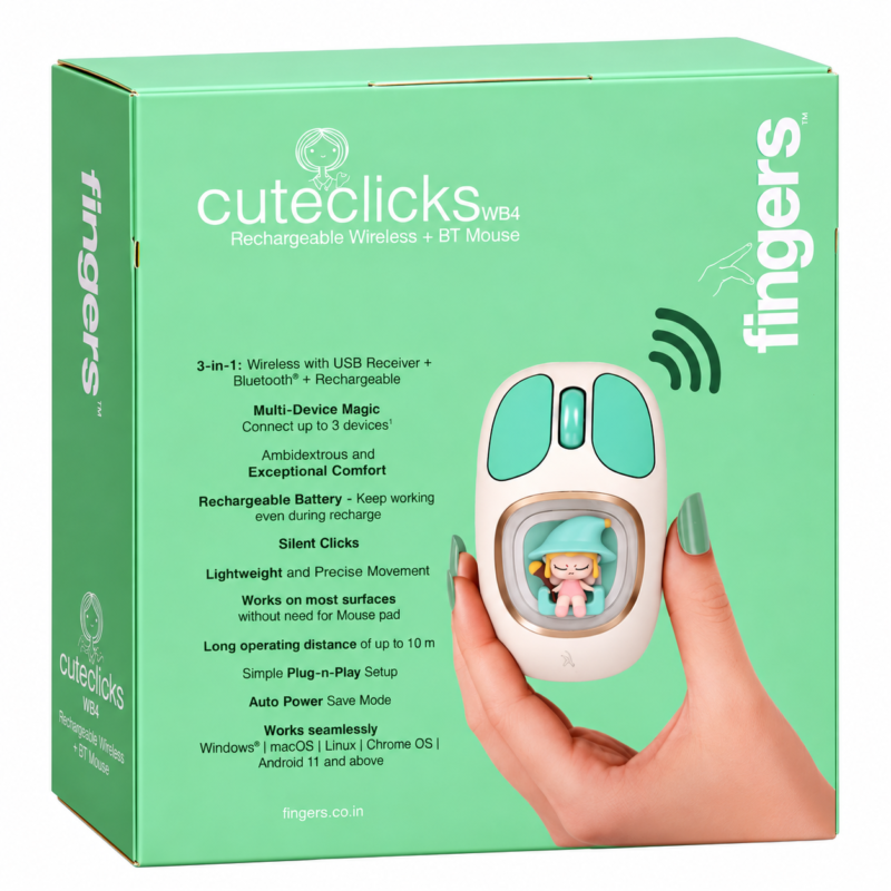 FINGERS CuteClicks WB4 Wireless Mouse – Happy White + Teal