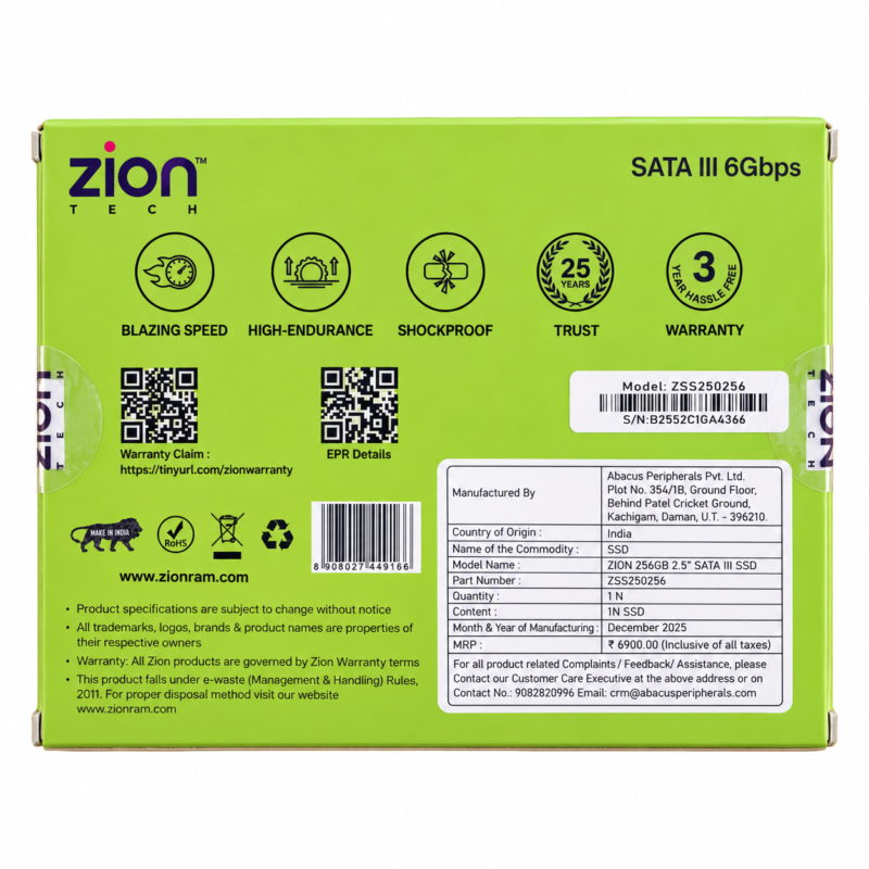Zion SSD Box Back Packaging Zion Tech ZSS250256 256GB 2.5" SATA III SSD