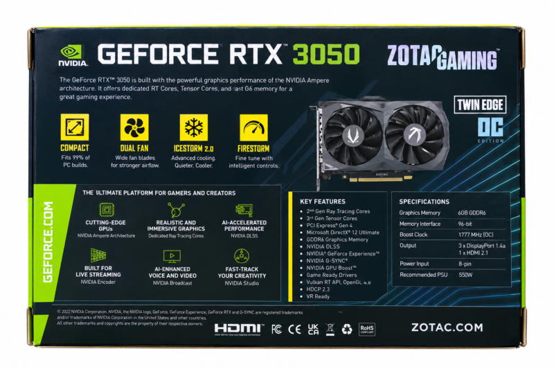 ZOTAC GAMING GeForce RTX 3050 6GB GDDR6 Twin Edge OC